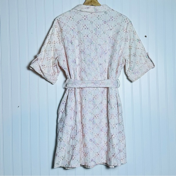 SOLITAIRE TIE DYE PINK FLORAL EYELET BARBIE BARBIECORE SHIRT DRESS BELTED XL - Picture 7 of 10